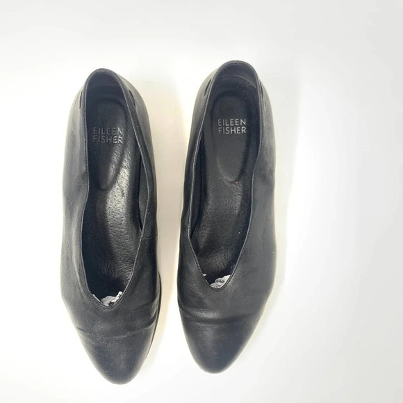 Eileen Fisher Black Leather Pointed Toe Ballet Wedge‎ Flats Size US 7.5 - Picture 2 of 12